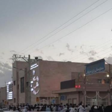 People gather in front of the Razi Hospital in Saravan where those injured in the shooting of February 22, 2021 were believed to be taken.