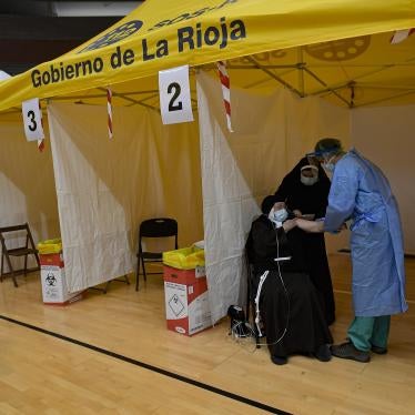 94-year-old Mother Teresa Llona receives a Pfizer vaccine during a Covid-19 vaccination campaign at the bull ring in Arnedo, northern Spain, March 4, 2021. 