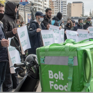 Bolt Food couriers protest in Tbilisi, Georgia, on March 24, 2021