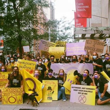 Demonstrators gather for an #EndIntersexSurgery protest outside Weill-Cornell hospital in New York City in August 2021. 