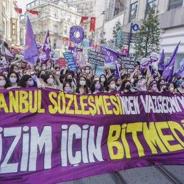 On March 20, 2021, President Recep Tayyip Erdoğan issued a decree withdrawing Turkey from the Council of Europe’s Convention on Preventing and Combating Violence Against Women and Domestic Violence, known as the Istanbul Convention, a groundbreaking treaty strongly supported by the women’s rights movement in Turkey. Protesters hold a banner reading "We are not giving up on the Istanbul Convention. It's not over for us." Istanbul/Turkey July 1, 2021