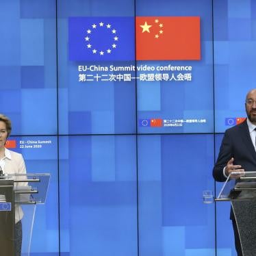 European Council President Charles Michel, right, and European Commission President Ursula von der Leyen participate in a media conference at the conclusion of the 2020 EU-China summit video conference at the European Council in Brussels, June 22, 2020.