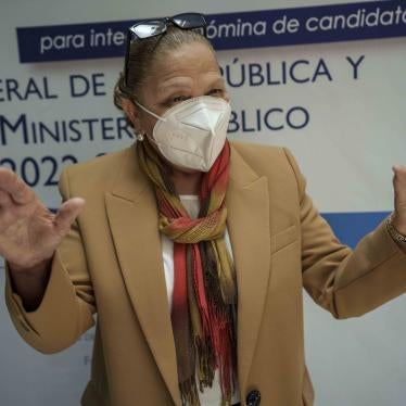 Guatemalan Attorney General Consuelo Porras, who is seeking re-election, speaks to the press after an interview with a nominating commission in Guatemala City, Wednesday, April 6, 2022.