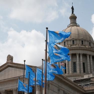 The state Capitol in Oklahoma City with state flags flying in front