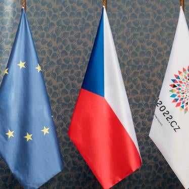 Flag of European Union, flag of Czech Republic, and flag of Czech Presidency of the Council of the European Union