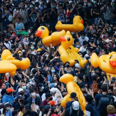 Pro-democracy demonstrators move inflatable rubber ducks during a rally in Bangkok, Thailand.