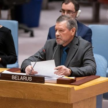Valentin Rybakov, permanent representative of Belarus to the United Nations, addresses the Security Council meeting on threats to international peace and security, New York, US.