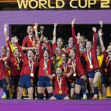  Spanish team with the World Cup trophy after winning the FIFA Women's World Cup, at the Olympic Stadium, Sydney, Australia, August 20, 2023. 