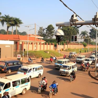 Traffic flows under the surveillance closed-circuit television camera (CCTV) system along Bakuli Street in Kampala, Uganda, 4 August,2019.