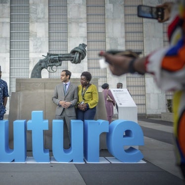 The artwork "Non Violence" by artist Carl Fredrik Reuterswärd before the start of the United Nations Future Summit in New York, September 21, 2024. 