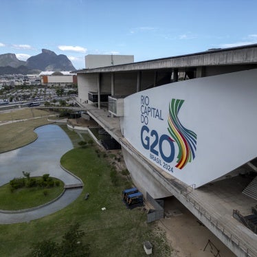 The G20 Summit banner at the Cidade das Artes (Arts City) building in the Barra da Tijuca neighborhood in Rio de Janeiro, Brazil, November 6, 2024.