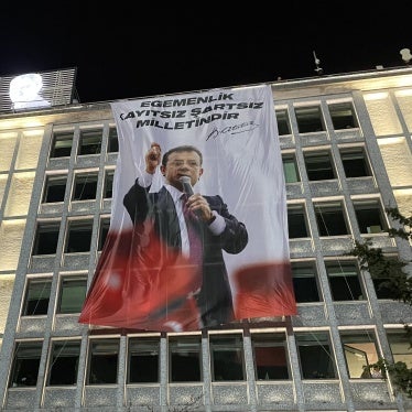 Banner on the Istanbul Municipality building shows mayor Ekrem Imamoglu, March 22, 2025. 