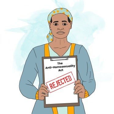 A woman holds up a document with a "rejected" stamp on it
