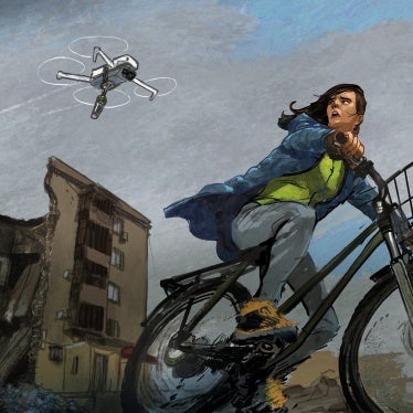 Illustration of a drone following a woman on a bike through a destroyed city