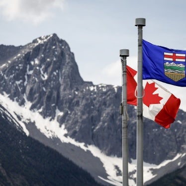 A Canada flag and an Alberta flag in Kananaskis, Alberta, June 2, 2025.  
