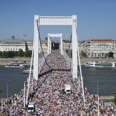 People gather for the Pride March in Budapest, Hungary, on June 28, 2025.