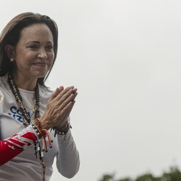 Opposition leader Maria Corina Machado gestures to supporters during an official campaign kickoff rally on July 4, 2024, ahead of the presidential election, in Caracas, Venezuela.