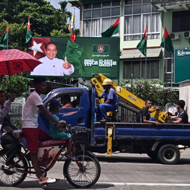 A billboard of the chairman of the Myanmar military-backed Union Solidarity and Development Party ahead of the start of the campaign period for the junta’s elections in Yangon, October 27, 2025. 
