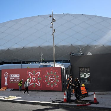 Workers outside of the Al-Medina Stadium in Rabat, on December 18, 2025, ahead of the Africa Cup of Nations (AFCON).