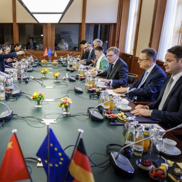 German Foreign Minister Johann Wadephul (third from right) meets with Chinese Foreign Minister Wang Yi during a Strategic Dialogue at the Federal Foreign Office, Berlin, July 3, 2025.  