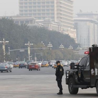 一名特警在北京天安门广场周边道路戒备，2013年10月31日。