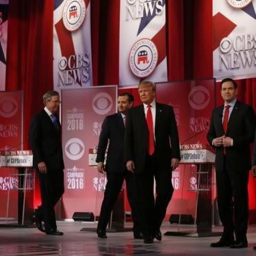 Republican U.S. presidential candidates (L-R) Governor John Kasich, former Governor Jeb Bush, U.S. Senator Ted Cruz, businessman Donald Trump, Senator Marco Rubio and Dr. Ben Carson arrive onstage before the start of the Republican U.S. presidential candi