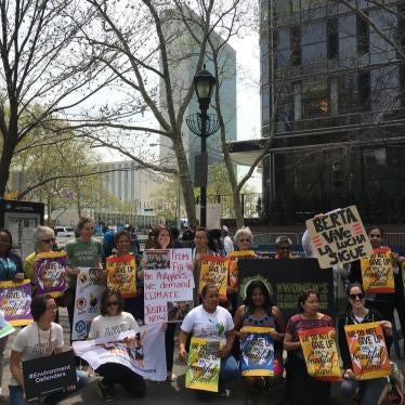 Women climate change activists demand respect for rights at Paris Agreement signing ceremony outside the United Nations in New York, April 2016.