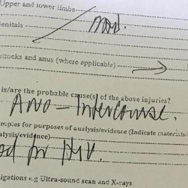 A medical report filled out by a doctor in Kampala, Uganda, after conducting a forced anal examination on a man suspected of consensual same-sex conduct.