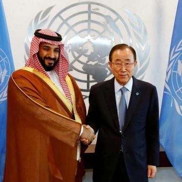 Saudi Arabian Deputy Crown Prince Mohammed bin Salman greets UN Secretary-General Ban Ki-moon at the UN headquarters in New York on June 22, 2016. 