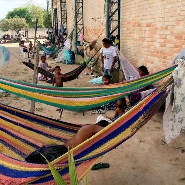 Hammocks where members of the Venezuelan Warao indigenous community sleep at a shelter in Boa Vista. Others sleep on the floor inside the shelter. February 11, 2017. 