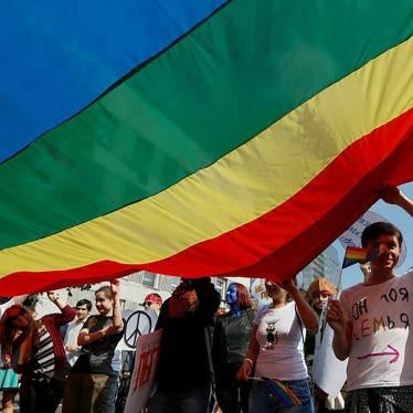 An underside shot of a large rainbow flag being carried by several marchers in the Kiev equality march