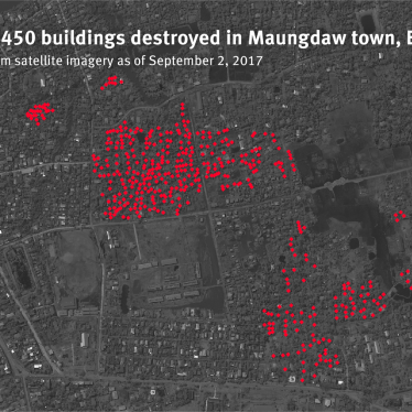 Map locating 450 buildings destroyed in August 2017 in a Rohingya neighborhood of Maungdaw town, Rakhine State, Burma.