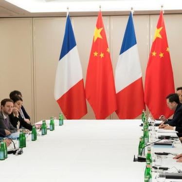 French President Emmanuel Macron and Chinese President Xi Jinping attend a bilateral meeting in Hamburg, Germany, July 8, 2017.