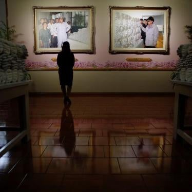 A woman stands before pictures of former North Korean leaders Kim Il Sung and Kim Jong Il visiting the Kim Jong Suk Pyongyang textile mill during a government organised visit for foreign reporters to the factory in Pyongyang, North Korea May 9, 2016.