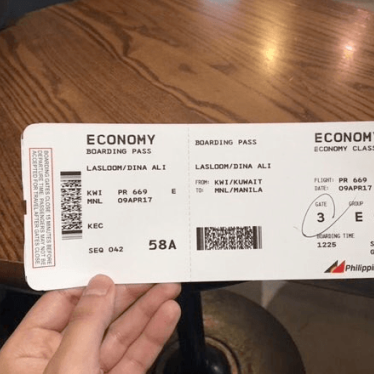 A photo of Dina Ali Lasloom’s boarding pass from Kuwait to the Philippines.