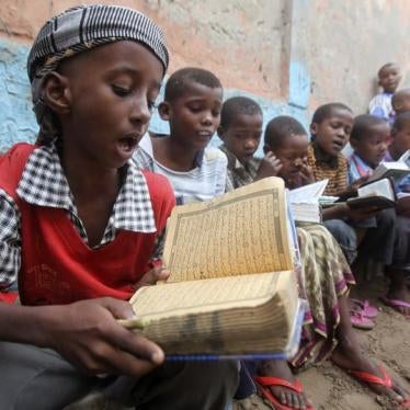 Children learning to read the Quran at the Gaabow Islamic school in Somalia's capital, Mogadishu, August 2013. Parents and teachers told Human Rights Watch that Al-Shabab militants threatened and on occasion abducted teachers and children from schools in 