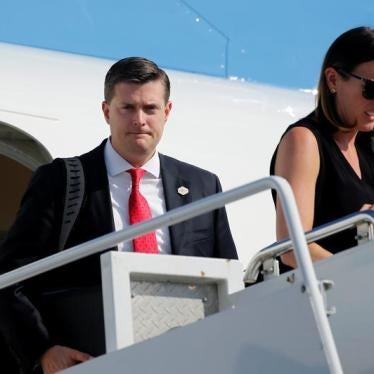 White House Staff Secretary Rob Porter (L) arrives aboard Air Force One with fellow senior staff and U.S. President Donald Trump for a summer vacation at his Bedminster estate, at Morristown Airport in Morristown, New Jersey, U.S. August 4, 2017.
