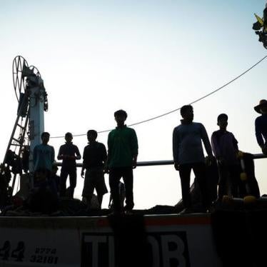 Migrant workers prepare to unload their catch at a port in Samut Sakhon province, Thailand, January 22, 2018. 