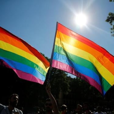 Revellers wave flags during a gay pride parade in downtown Madrid, Spain, July 2, 2016.