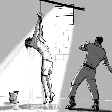 Mahmoud said he was hung in the “bazoona” position at least six times while in detention, for hours. He said that at least four of those times, he lost consciousness before being taken down. Sometimes officers threw water at him before beating his back wi