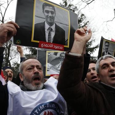 Demonstrators chant slogans during a protest against the execution in Egypt of nine suspected Muslim Brotherhood members convicted of involvement in the 2015 assassination of the country's top prosecutor, in front of Egypt's consulate in Istanbul, Saturda