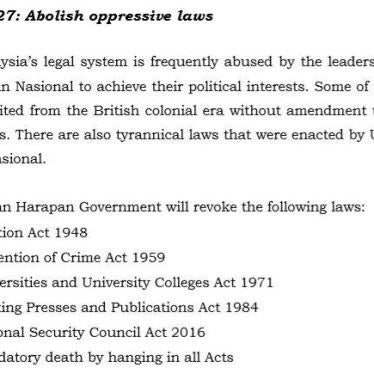 Section from Malaysia ruling party’s election manifesto, “Buku Harapan: Rebuilding Our Nation, Fulfilling Our Hopes,” promising to repeal abusive laws including the National Security Act of 2016.