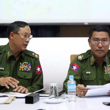 Maj. Gen. Nyi Nyi Tun and Maj. Gen. Soe Naing Oo of the Myanmar military’s information team announce the Arakan Army’s classification as a terrorist organization at a press conference in Naypyidaw, January 18, 2019.