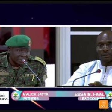 A sreenshot of TRRC lead counsel Essa Faal questioning Malick Jatta at Gambia Truth, Reconciliation and Reparations Commission, July 2019.