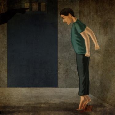 An illustration showing a boy being forced to stand with his bare heels over a plank of nails