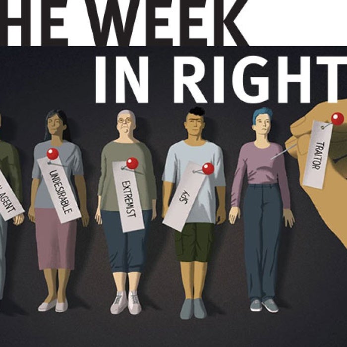 animated picture of 5 people labeled with a different tag by a hand with the Russian flag