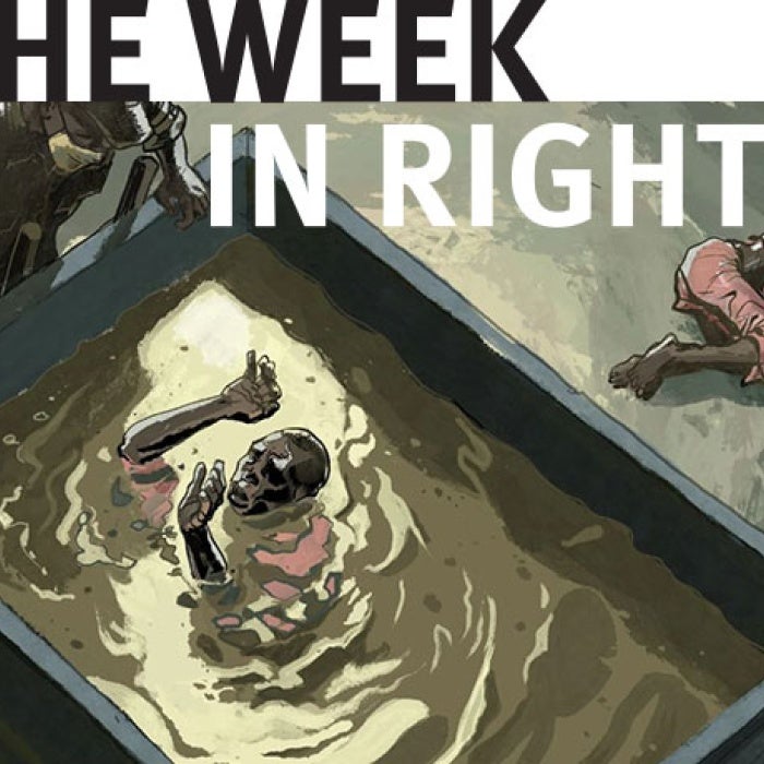 Graphic of individuals in orange jumpsuits being tortured. 