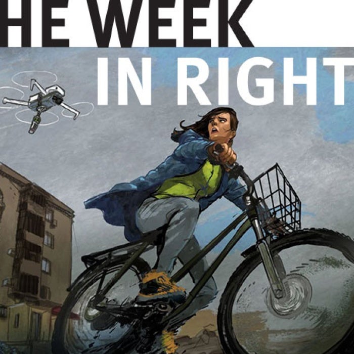 Illustration of figure biking away from drone. 